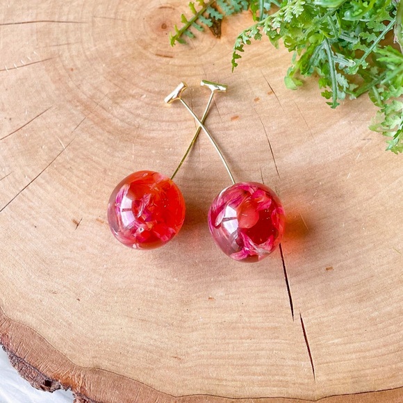 Cherry Earrings Dangle Drop Flower Resin Fruit Aesthetic Minimal Ear Bar Stud - Picture 6 of 6